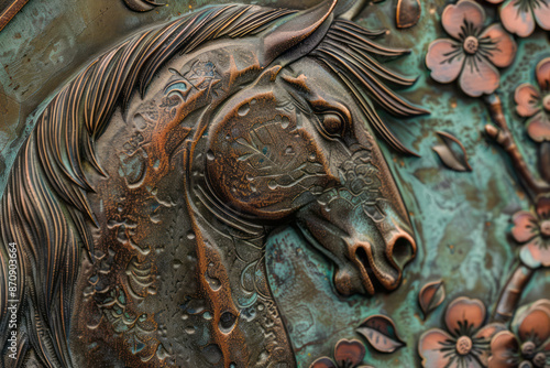 Horse, with plum blossoms in the background, petals falling on the horse's mane. Generative AI