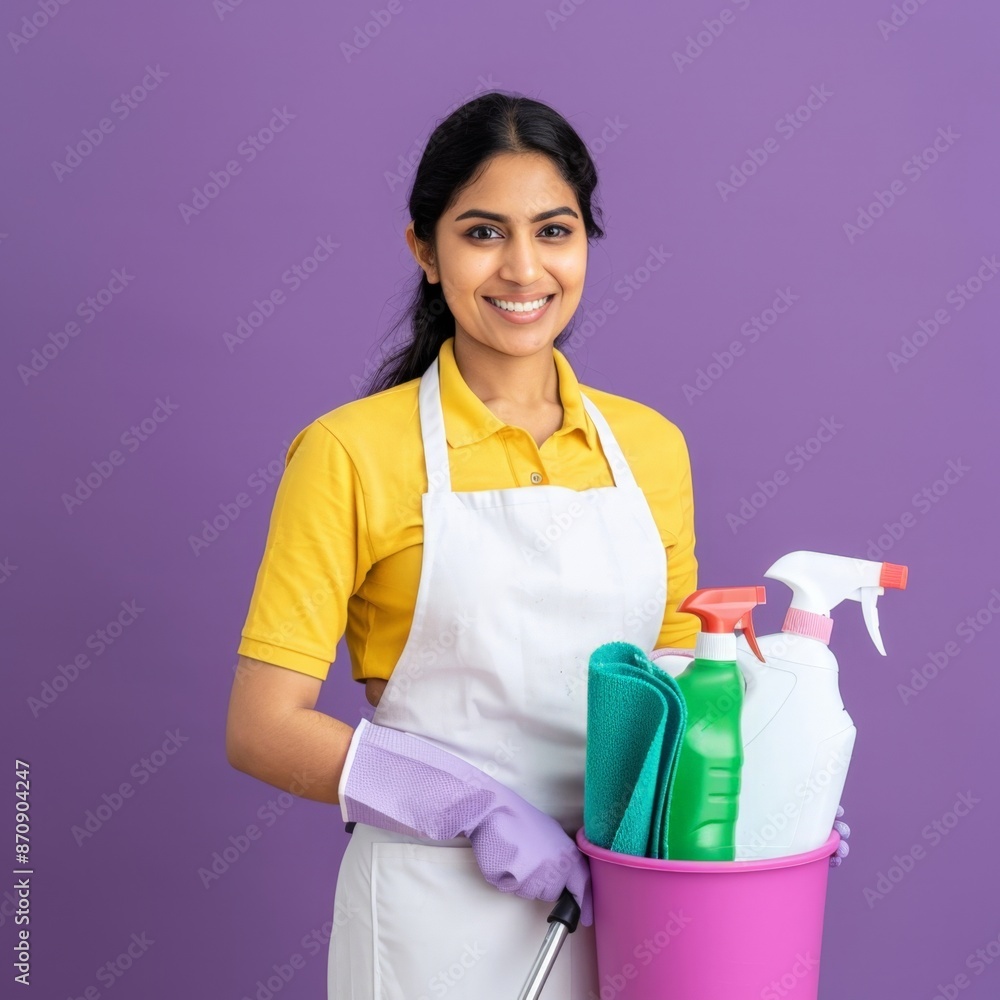 Confident Young Female Cleaner Holding Cleaning Supplies Against Purple Background Confident Young Female Cleaner Holding Cleaning Supplies Against Purple Background