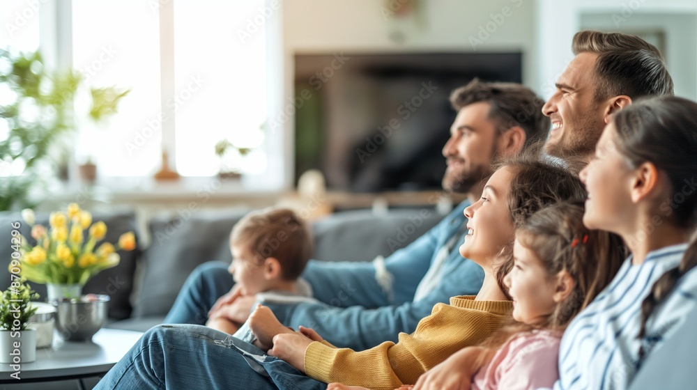 Family sitting together on a couch and watching TV Family sitting together on a couch and watching TV