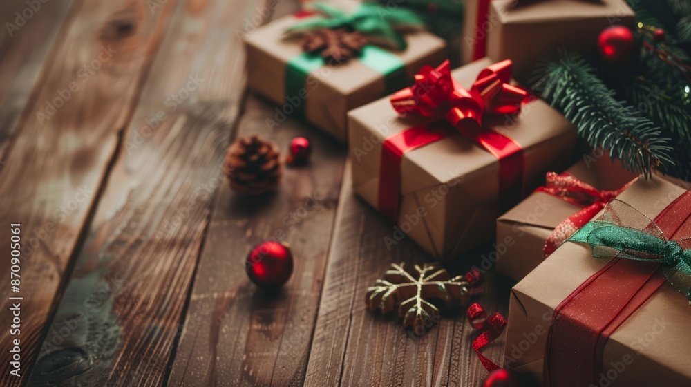 Christmas gift boxes on a wood table ready for joyful holiday celebration, merry Christmas and happy new year