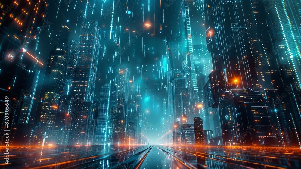 Futuristic Cyberpunk Cityscape at Night with Neon Rain and Skyscrapers Futuristic Cyberpunk Cityscape at Night with Neon Rain and Skyscrapers