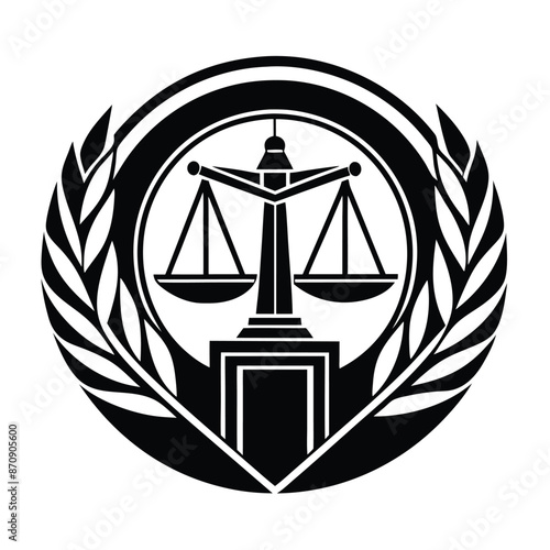 Law firm logo. Legal group sign. Concept weight scales, book and pillar sword line icon. Lawyer attorney symbol. Vector illustration. Ai generate