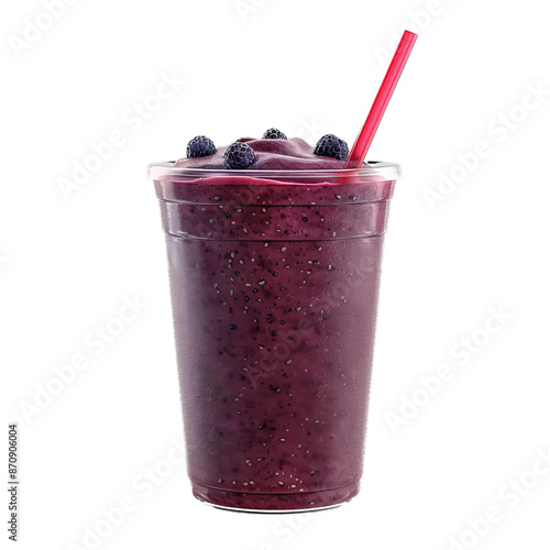 Thirst quenching blackberry smoothie in a clear cup with a red straw, isolated on transparent background photo