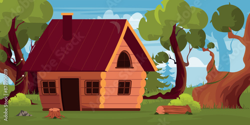 Vector illustration of a fairy-tale wooden house in the forest. Cartoon scene of a house with windows, doors, a chimney, a gable roof, trees with vines, flowers, stumps,Christmas trees, bushes,stone.