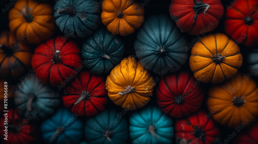 Close-up of pumpkins in various colors, arranged in a pleasing pattern Close-up of pumpkins in various colors, arranged in a pleasing pattern