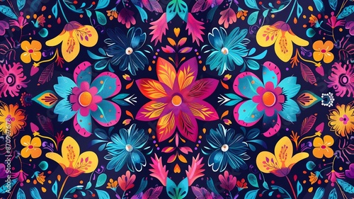 Vibrant Botanical Mandala: Modern Digital Art with Floral Symmetry