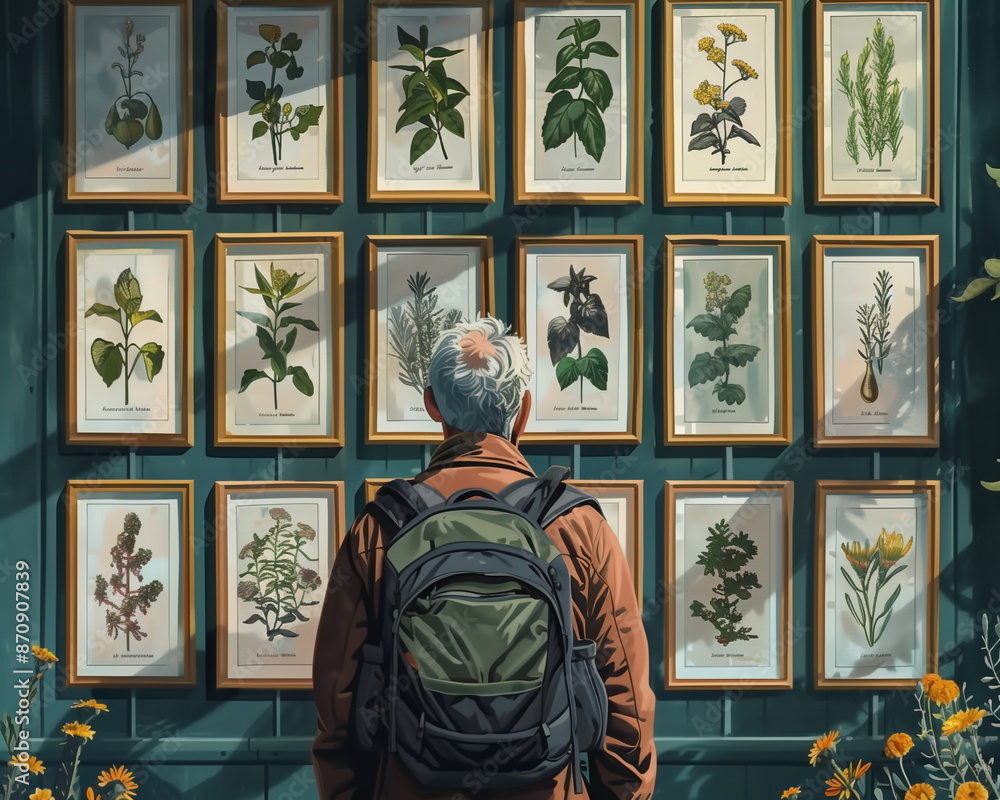traveler looking at pictures of medicinal herbs plants on the wall in exhibit room traveler looking at pictures of medicinal herbs plants on the wall in exhibit room