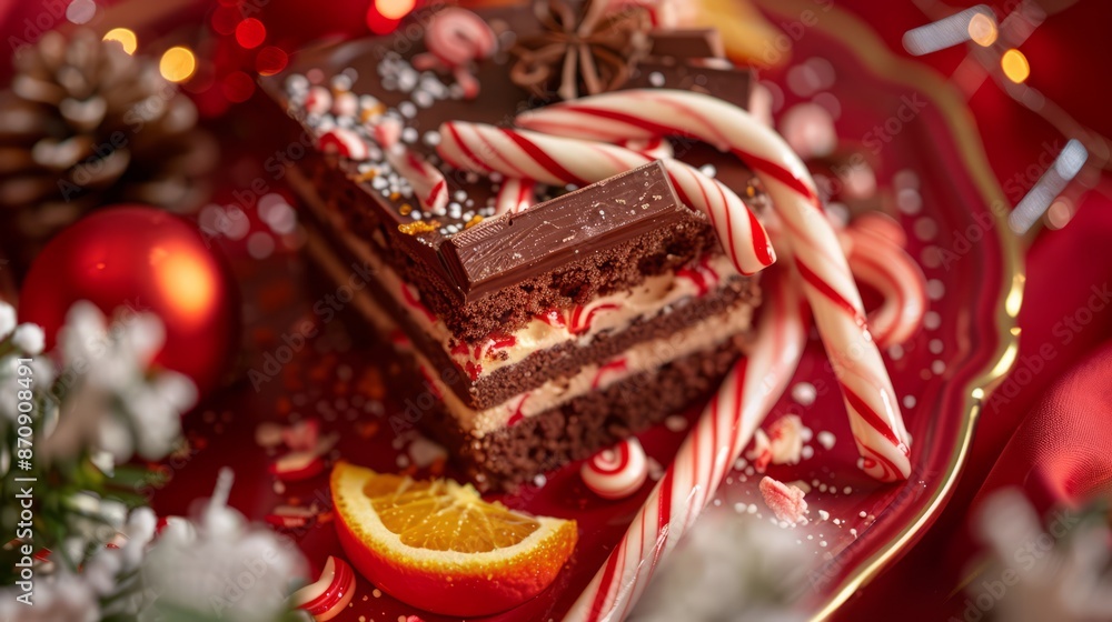 Chocolate cake, Christmas candy canes and slices of orange on a red plate. top view. copy space Chocolate cake, Christmas candy canes and slices of orange on a red plate. top view. copy space