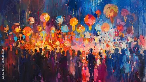 Vibrant Nighttime Festival with Colorful Lanterns and Abstract Paint Strokes photo