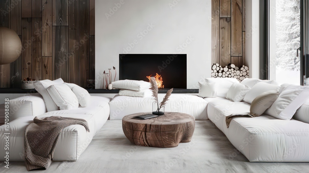 Fototapeta premium Cozy Scandinavian Style Living Room Interior with Modern and Minimalist Deco