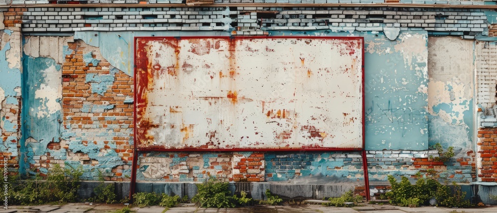 A run-down building, its side adorned with a sizable, rusted sign, and an expanse of overgrown weeds before it A run-down building, its side adorned with a sizable, rusted sign, and an expanse of overgrown weeds before it
