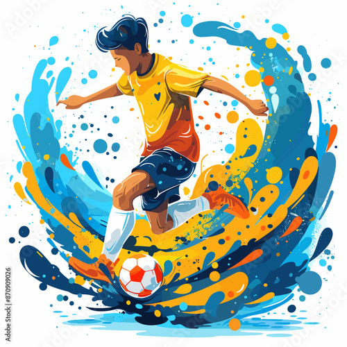 A man in a yellow and orange shirt is kicking a soccer ball in a splash of water. The splash of water creates a sense of motion and energy, while the man's focus on the ball conveys determination