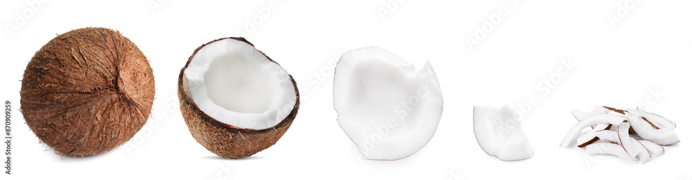 Coconut isolated on white. Whole, half and pieces