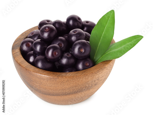 Wallpaper Mural Fresh ripe acai berries in bowl and green leaves isolated on white Torontodigital.ca
