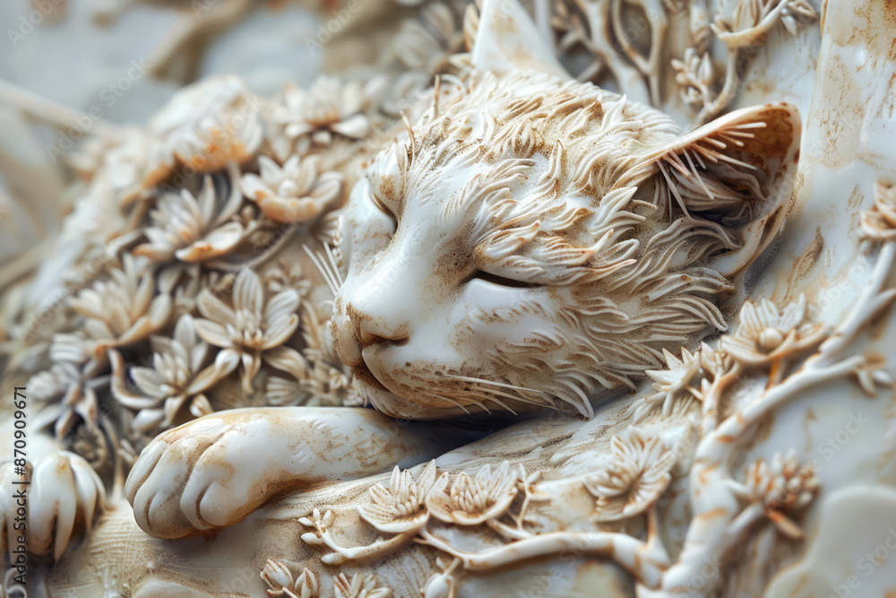 porcelain bas-relief depicting majestic cat. Generative AI porcelain bas-relief depicting majestic cat. Generative AI