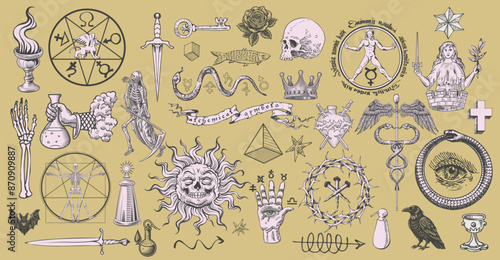  alchemical symbols in the style of medieval engraving.