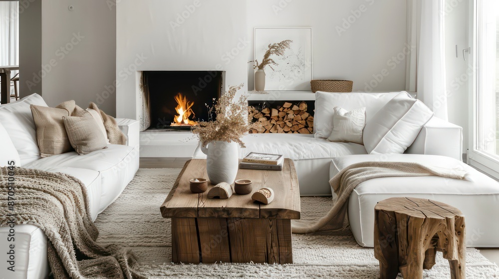 Fototapeta premium cozy living room interior scandinavian style, modern, minimalistic, fireplace, wooden table, couch