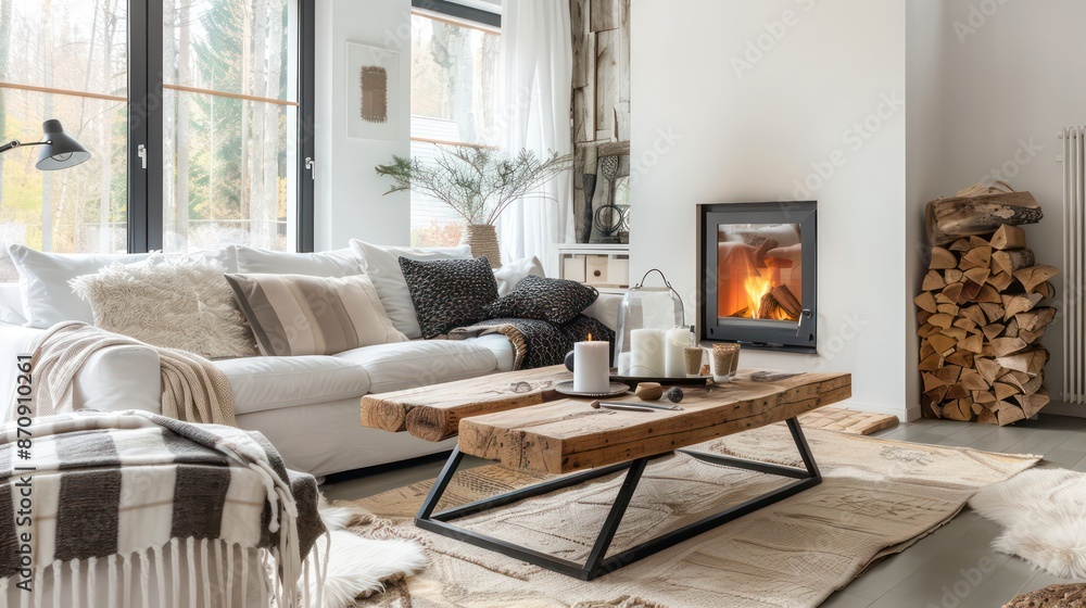 Fototapeta premium cozy living room interior scandinavian style, modern, minimalistic, fireplace, wooden table, couch