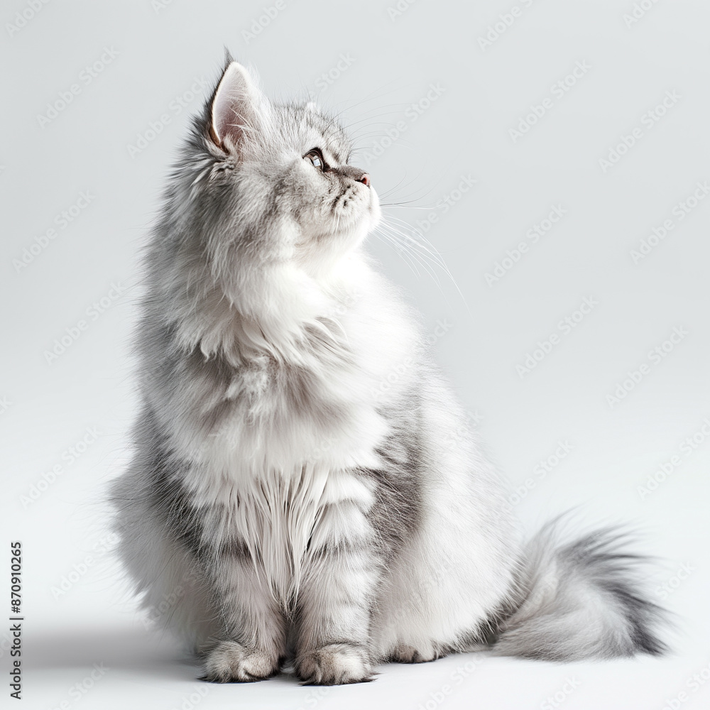 A pet, a cat of the Maine Coon breed of a silver shade sits on a light background and looks to the side A pet, a cat of the Maine Coon breed of a silver shade sits on a light background and looks to the side