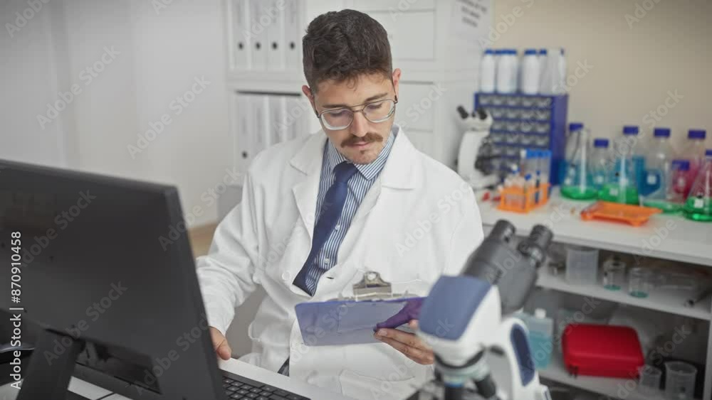 A focused male scientist analyzes data on a computer in a modern laboratory setting, surrounded by research equipment. A focused male scientist analyzes data on a computer in a modern laboratory setting, surrounded by research equipment.