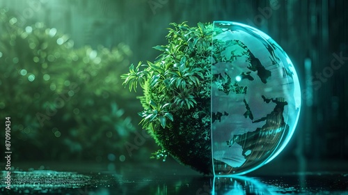 Worldwide environmental conservation side view depicting ecological efforts futuristic tone Splitcomplementary color scheme