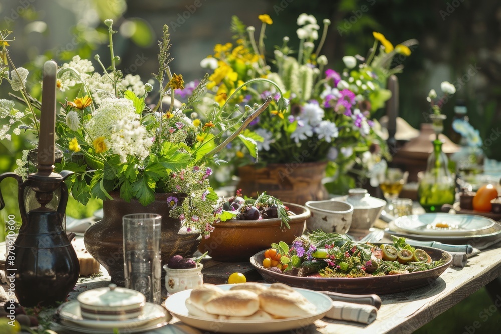 A table set for a traditional Midsummer feast, with an array of mouthwatering dishes and a centerpiece of freshly picked wildflowers. A table set for a traditional Midsummer feast, with an array of mouthwatering dishes and a centerpiece of freshly picked wildflowers.