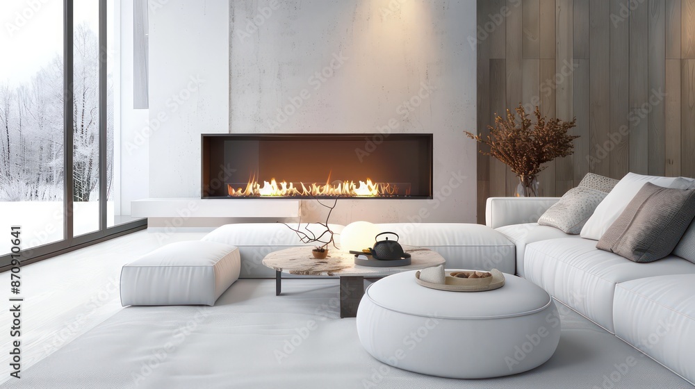 Fototapeta premium cozy living room interior scandinavian style, modern, minimalistic, fireplace, wooden table, couch