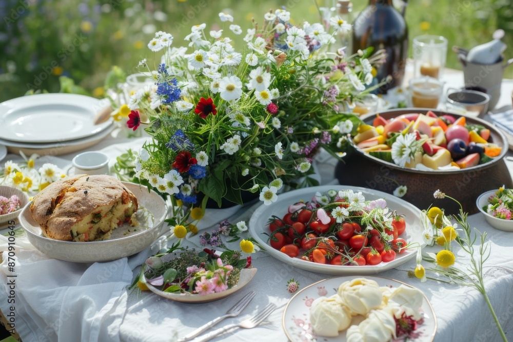 A table set for a traditional Midsummer feast, with an array of mouthwatering dishes and a centerpiece of freshly picked wildflowers. A table set for a traditional Midsummer feast, with an array of mouthwatering dishes and a centerpiece of freshly picked wildflowers.