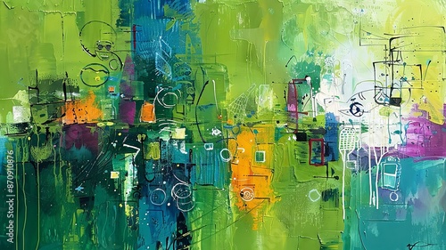 Vivid Abstract Painting with Blended Green and Blue Hues