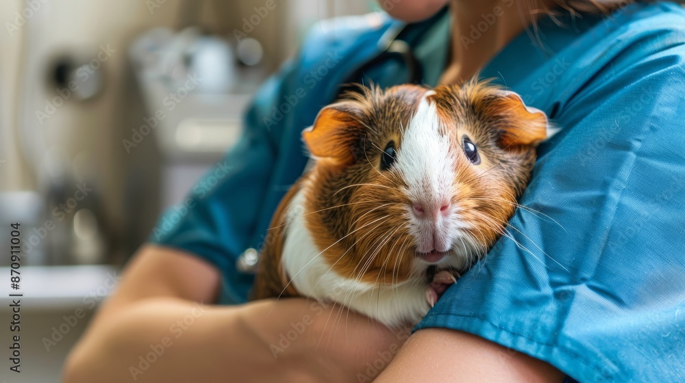 Skilled veterinarian comforts a guinea pig with gentle cuddling in a clinical environment Skilled veterinarian comforts a guinea pig with gentle cuddling in a clinical environment