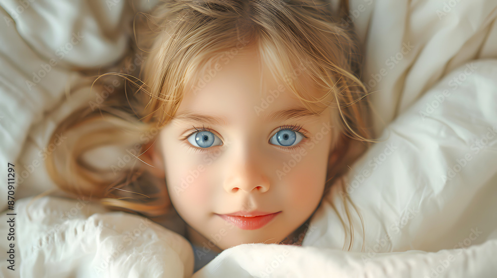 Close-up of a young girl with bright blue eyes, cozy in white blankets, showcasing innocence and beauty. Perfect for family and lifestyle themes. Close-up of a young girl with bright blue eyes, cozy in white blankets, showcasing innocence and beauty. Perfect for family and lifestyle themes.