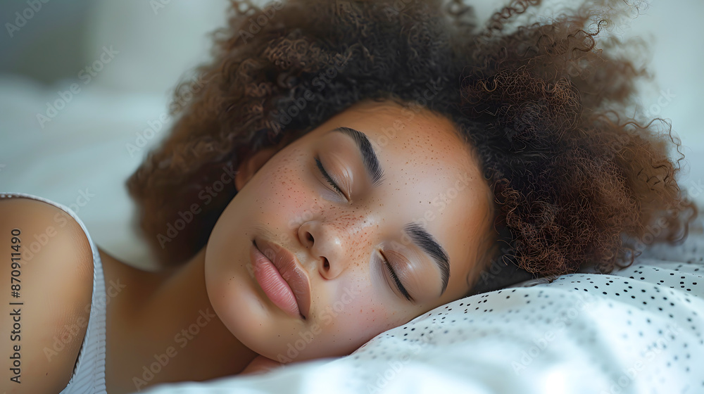 Peaceful woman with curly hair sleeping on white pillow, reflecting tranquility and comfort in a soft and cozy atmosphere. Peaceful woman with curly hair sleeping on white pillow, reflecting tranquility and comfort in a soft and cozy atmosphere.