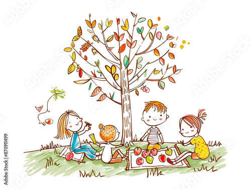 Children hand drawn, group of kids picnic and play under a tree. They look happy and smile.