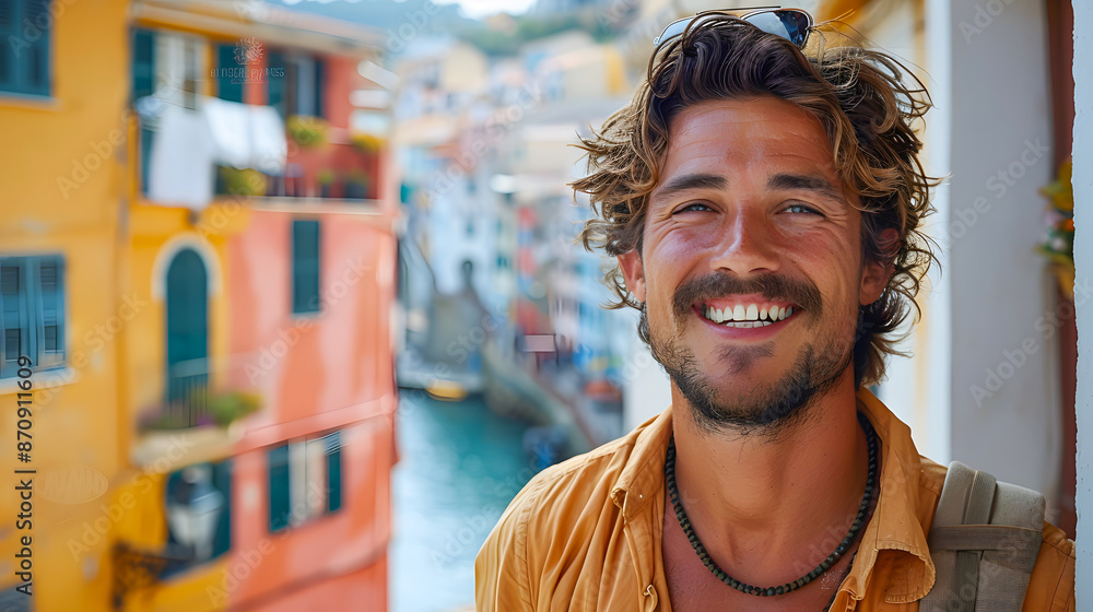 Smiling man with curly hair in a vibrant coastal town, showcasing colorful buildings and a beautiful waterfront view. Smiling man with curly hair in a vibrant coastal town, showcasing colorful buildings and a beautiful waterfront view.