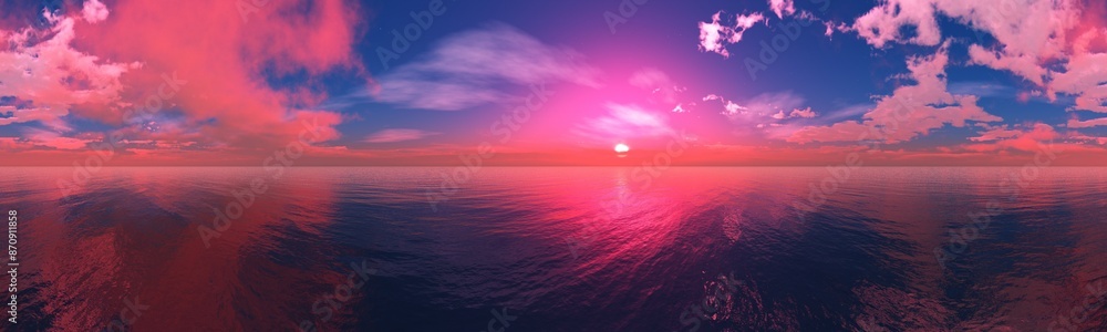 Pink sunset on the ocean, seascape at sunset, 3D rendering Pink sunset on the ocean, seascape at sunset, 3D rendering