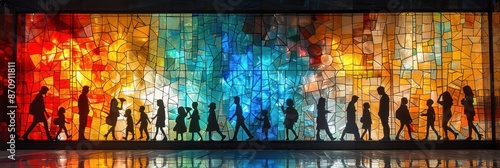 Silhouettes against vibrant colored stained glass art
