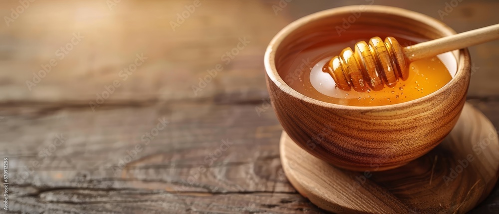 A wooden jar, brimming with honey, rests atop a weathered wooden surface A worn wooden spoon, its end fashioned as a honey dipper, lies nearby A wooden jar, brimming with honey, rests atop a weathered wooden surface A worn wooden spoon, its end fashioned as a honey dipper, lies nearby