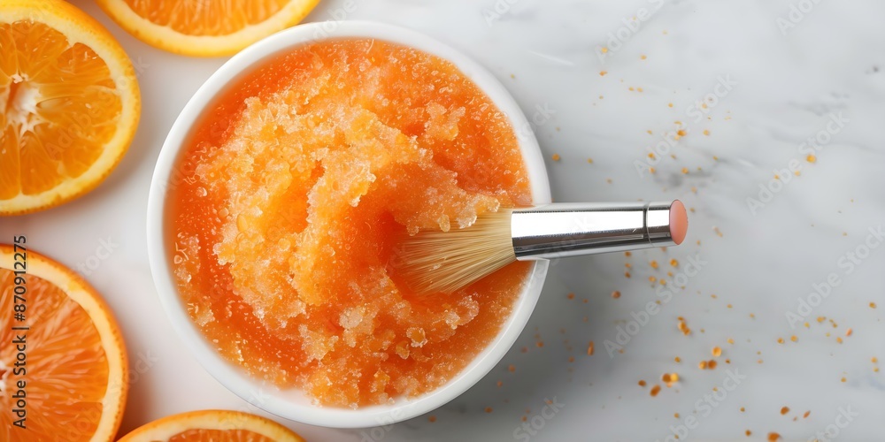 Top view of homemade orange grapefruit scrub in white bowl with brush. Concept Homemade Skincare, Citrus Ingredients, DIY Beauty Products, Flatlay Photography Top view of homemade orange grapefruit scrub in white bowl with brush. Concept Homemade Skincare, Citrus Ingredients, DIY Beauty Products, Flatlay Photography