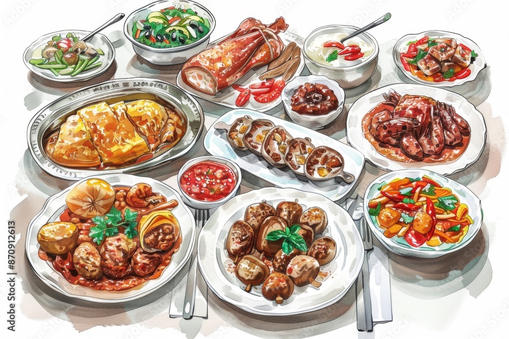 A beautifully arranged traditional feast on a table, showcasing a variety of mouth-watering dishes. A beautifully arranged traditional feast on a table, showcasing a variety of mouth-watering dishes.