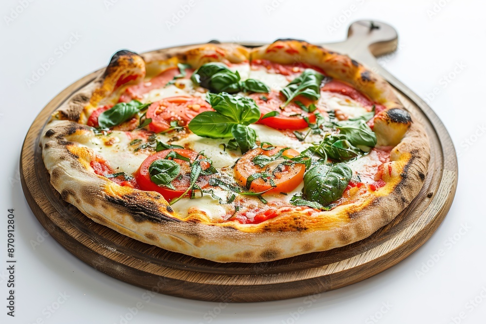 fresh pizza with mozzarella, tomatoes and basil on a wooden board against a white background. The photography captures the details with natural light and sharp focus in high resolution. fresh pizza with mozzarella, tomatoes and basil on a wooden board against a white background. The photography captures the details with natural light and sharp focus in high resolution.