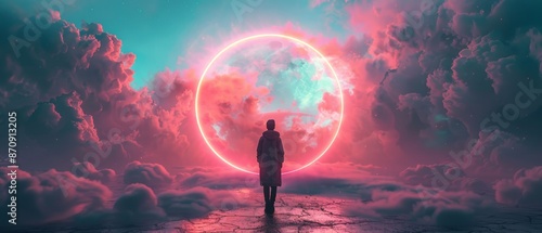  A man stands in a field of clouds, surrounded by a pink and blue circular backdrop