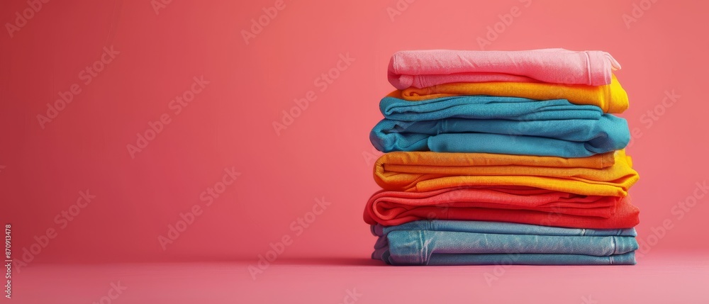 A stack of folded T-shirts against a pink backdrop, featuring the rainbow hues interspersed among the shirts' folds A stack of folded T-shirts against a pink backdrop, featuring the rainbow hues interspersed among the shirts' folds
