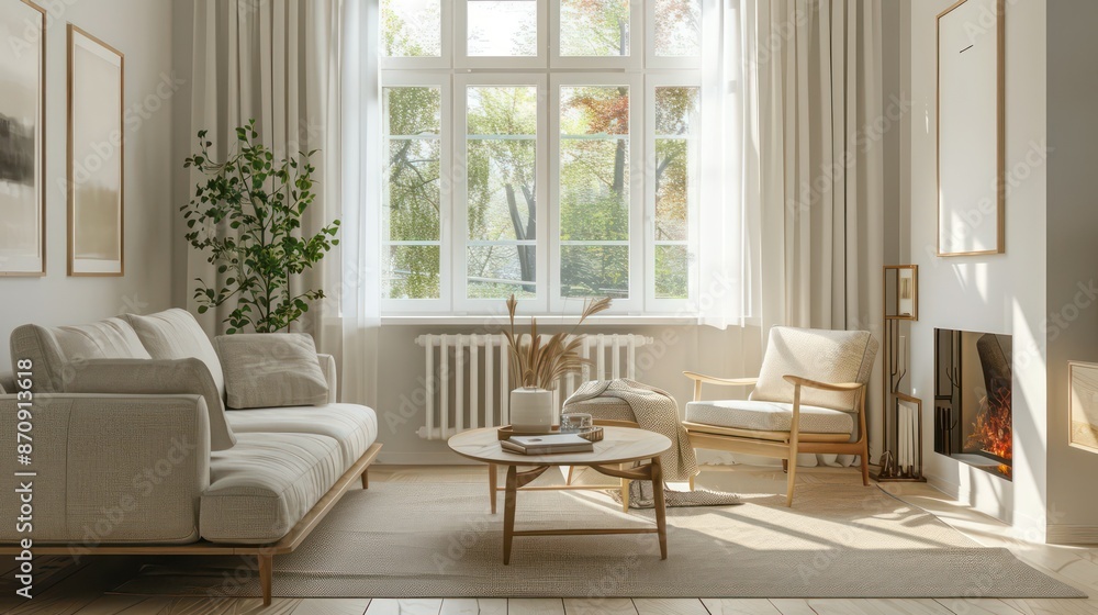 Fototapeta premium cozy living room interior, scandinavian interior with wooden table and fireplace