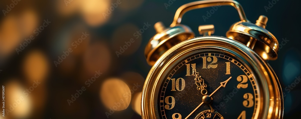 A gold and black alarm clock on a black and gold background A gold and black alarm clock on a black and gold background