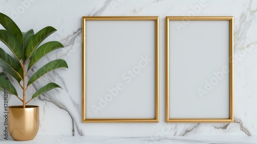 Chic 3D gold frame mockup on a stylish marble backdrop, providing an elegant space for showcasing luxurious brand designs