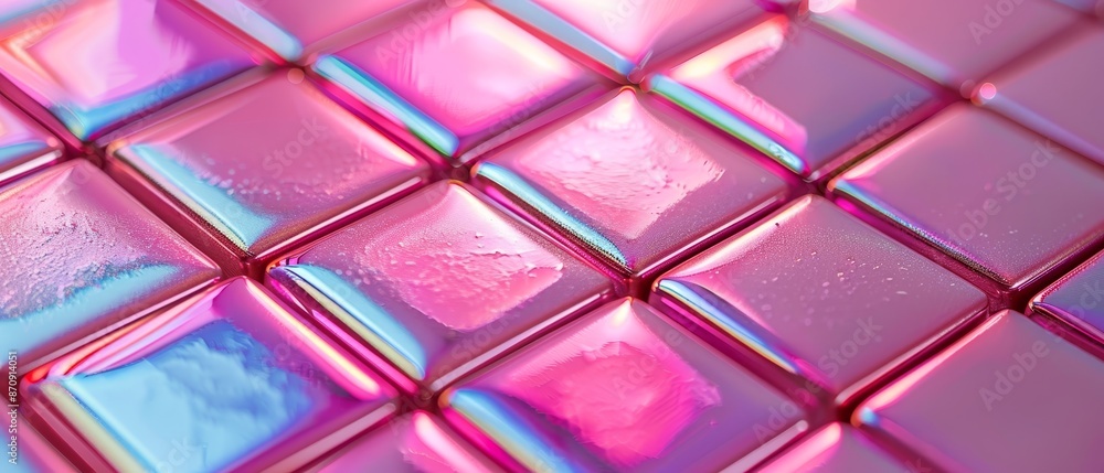 A tight shot of a pink and blue tiled wall, radiating light as rays bounce off each glossy tile A tight shot of a pink and blue tiled wall, radiating light as rays bounce off each glossy tile