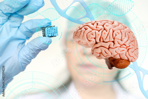 Fotografie Electronic chip, bug in scientist's hand, Successful implantation of wireless ch