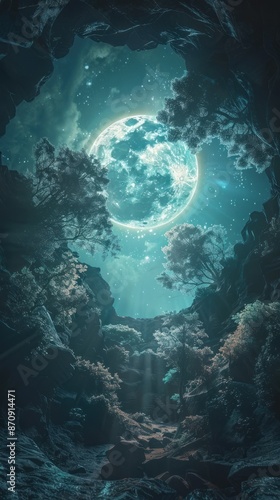 Giant moon illuminating forest through a cavern