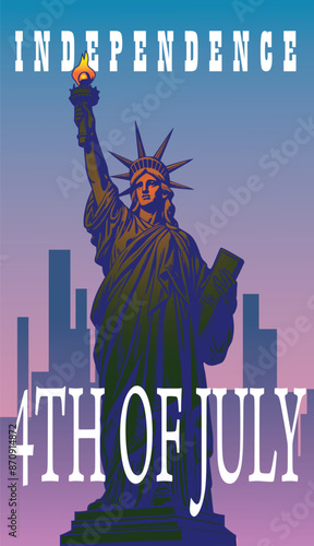 Vector image of the Statue of Liberty on the 4th of July postcard.