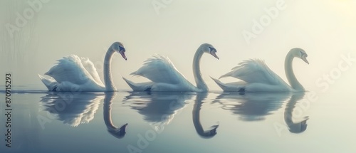  A group of white swans sitting on the edge of a lake, next to one another, on its surface